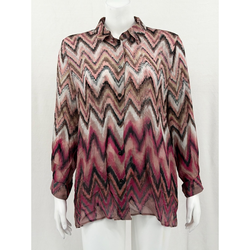 Luisa Cerano Top Womens 10 Pink Brown Sheer Chevron Button Up Lightweight Office